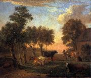 paulus potter Cows in a meadow near a farm oil on canvas